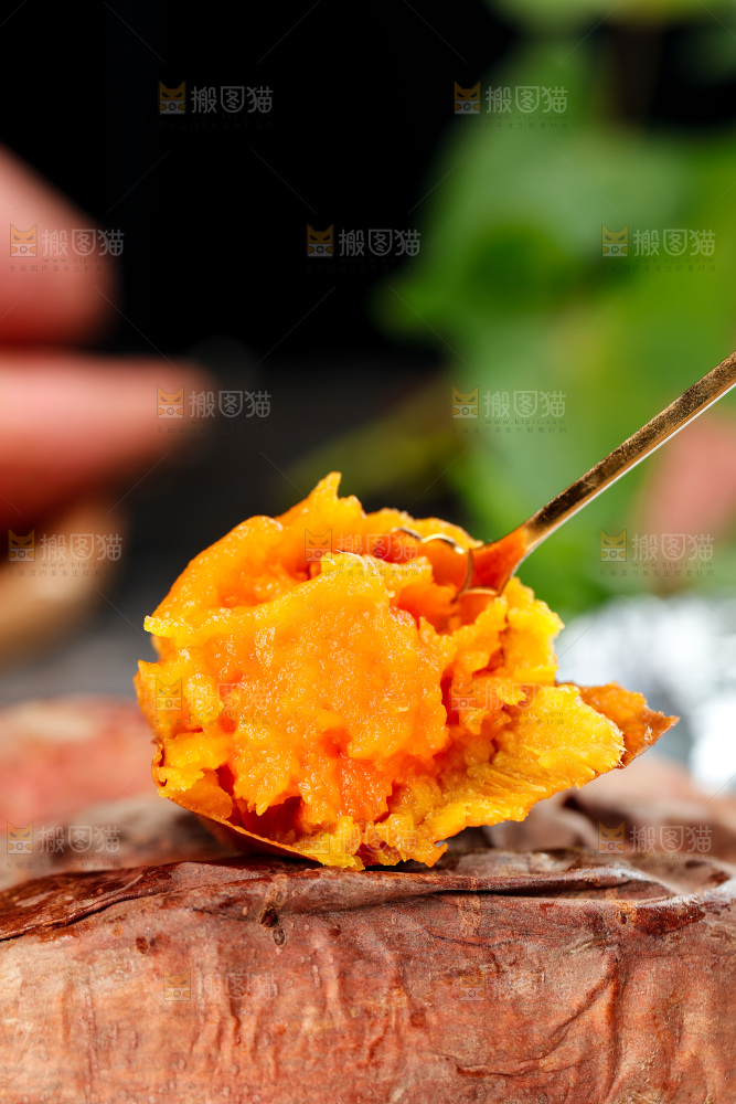 勺子上挖着蜜薯