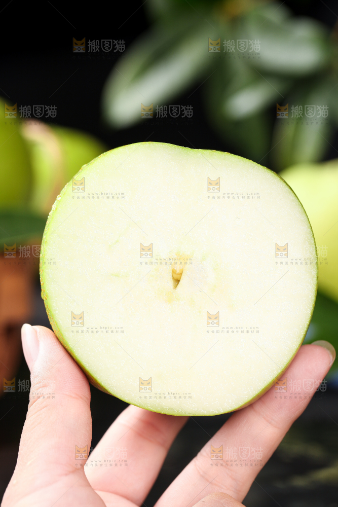 手拿切开的皇冠青梨