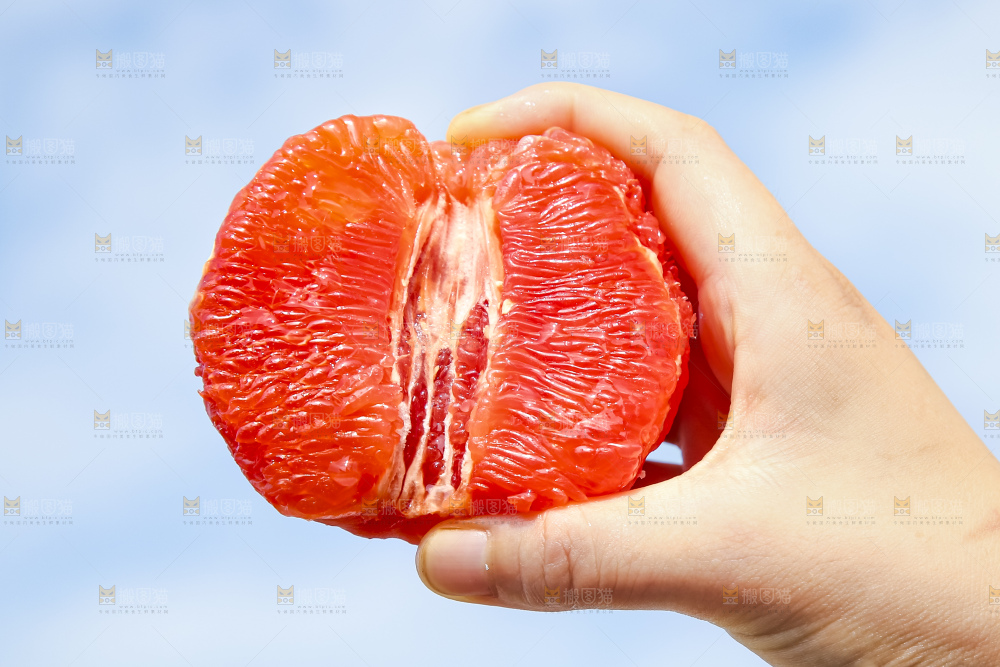手拿着剥皮的红心葡萄柚果肉