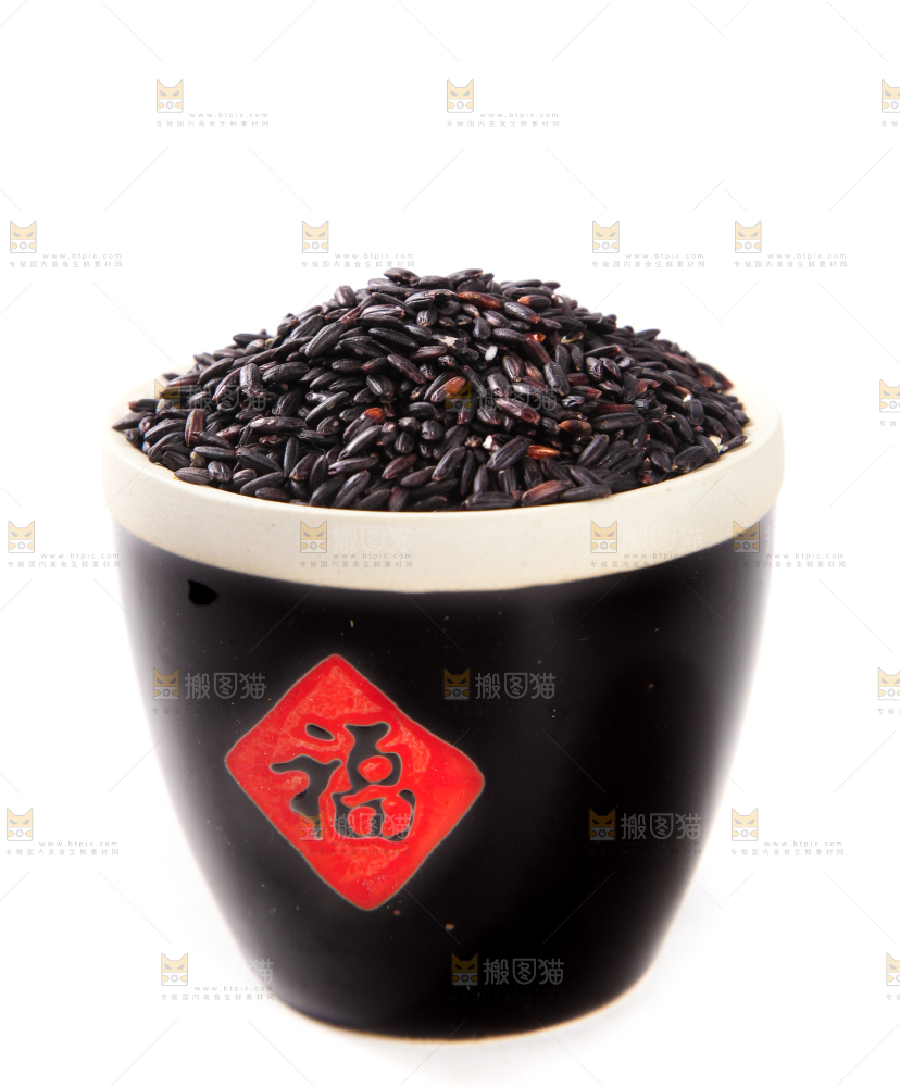 白底上放着一缸黑糯米