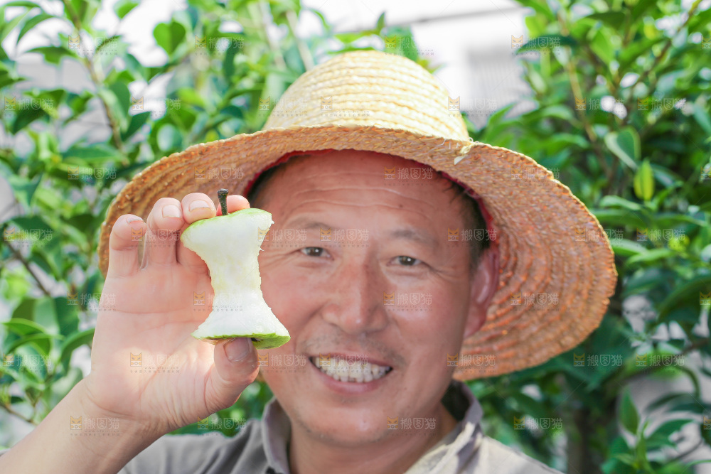农民手里拿着青皮梨果核
