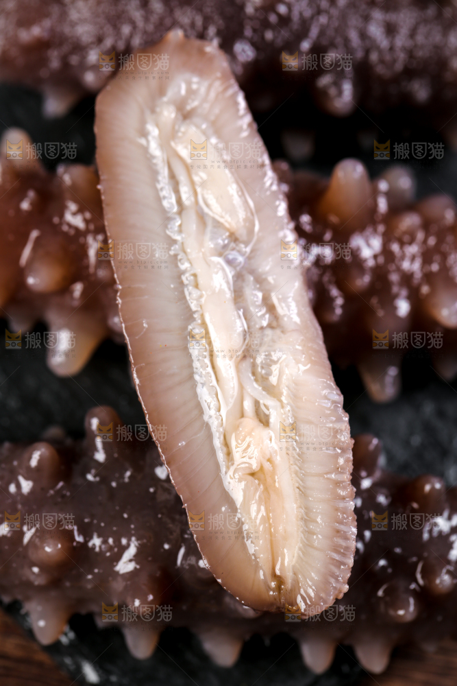 黑石板上放着切开的刺参