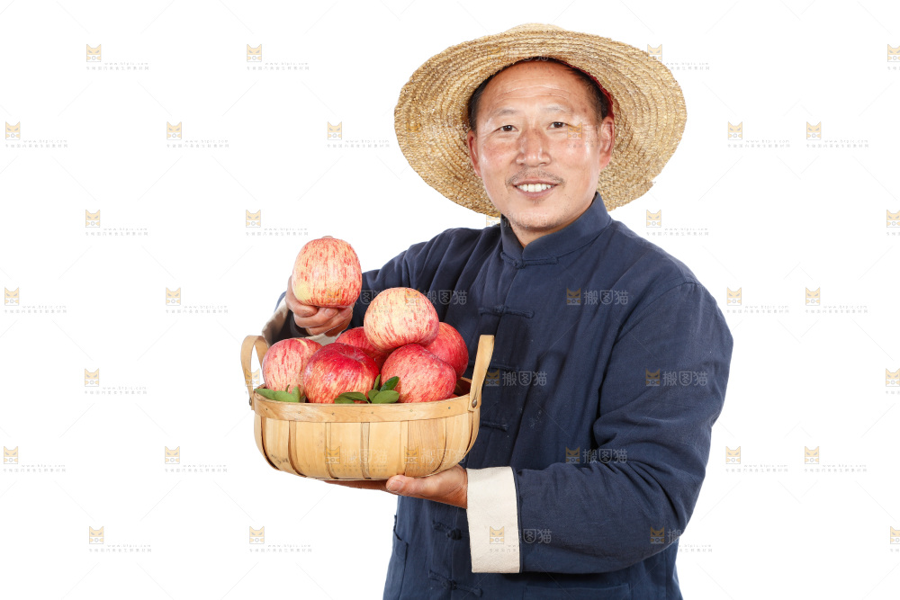 农民手里端着一篮苹果