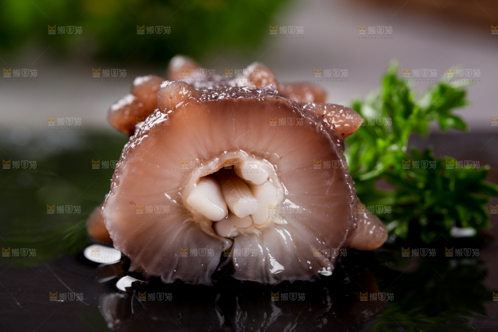 黑石板放着切开的海参