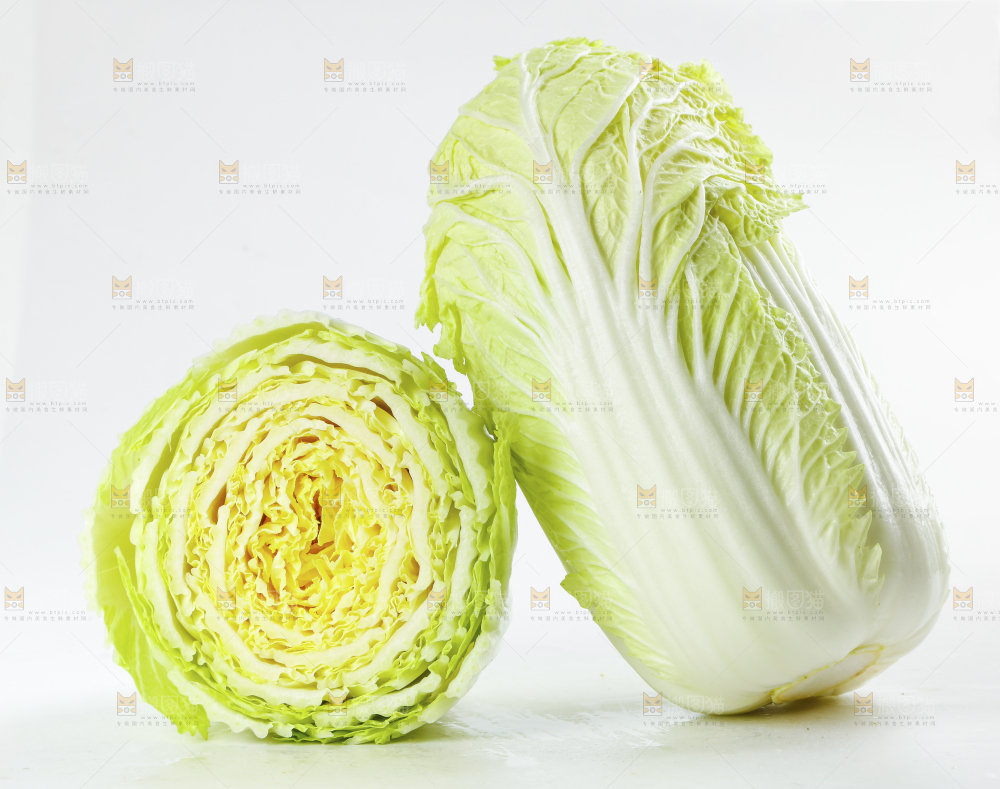 切开的黄心大白菜放在白底上