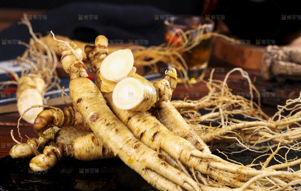 切开的人参放在石板上