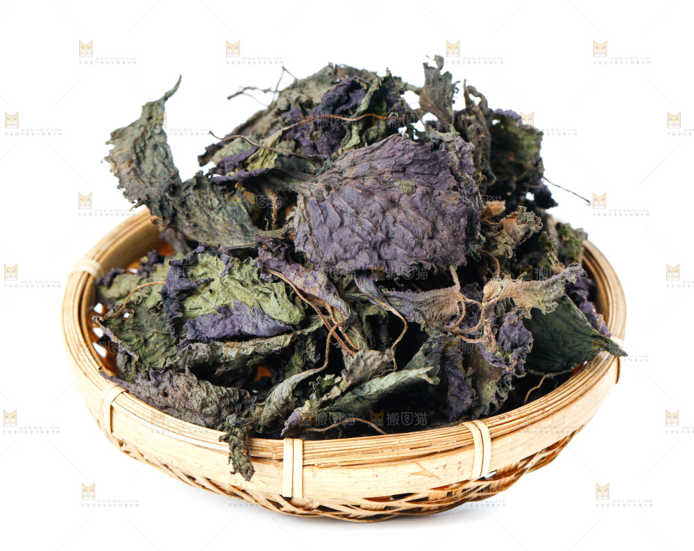 一筐干紫苏叶放在白底上