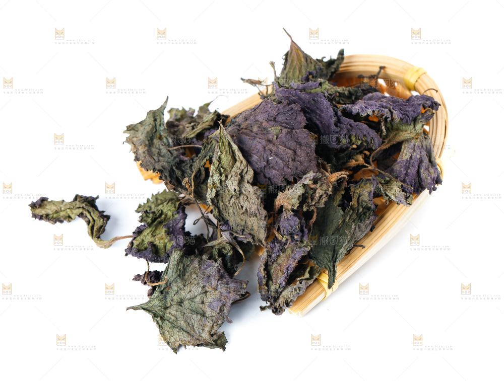 一筐干紫苏叶放在白底上