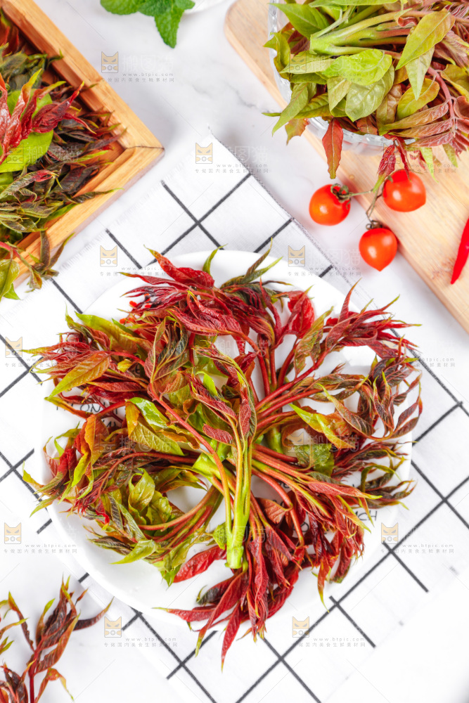 格子布上放着一盘沂蒙山香椿芽