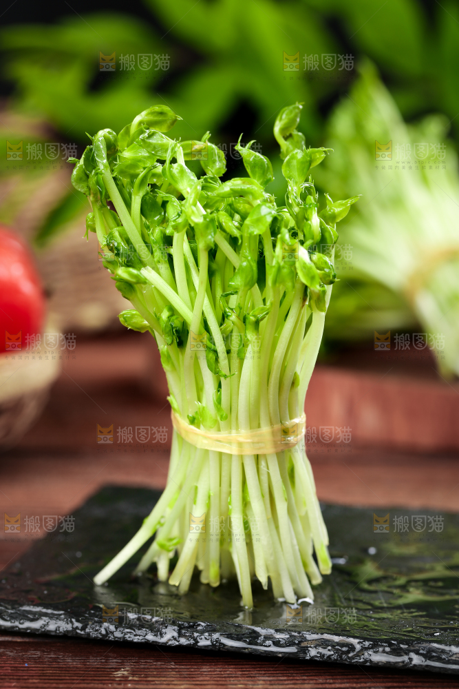 黑石板上的豌豆芽苗菜