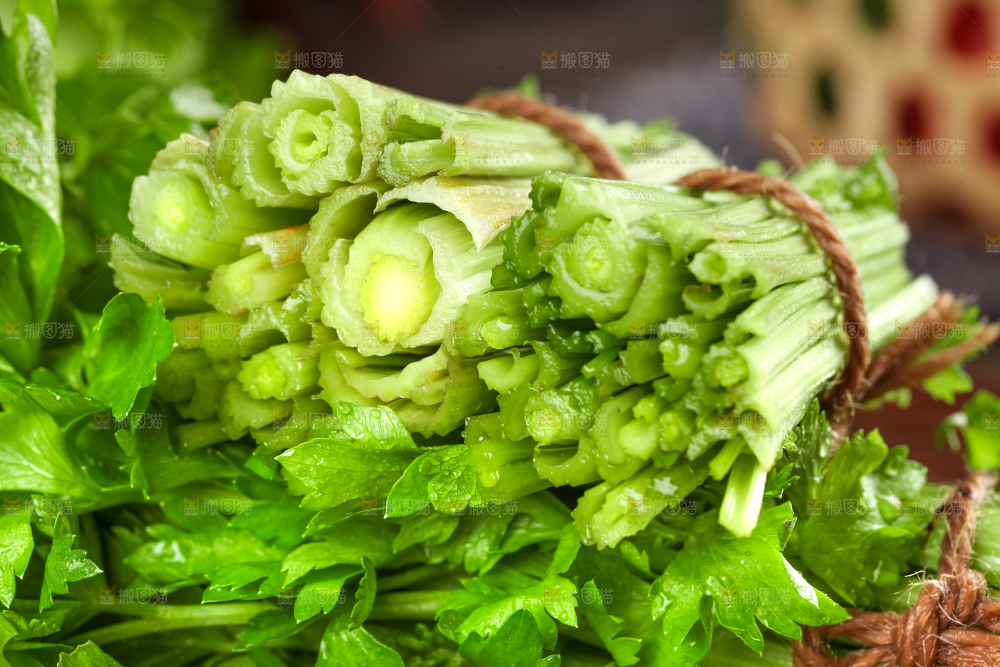 木底上放着切开的新鲜山芹菜