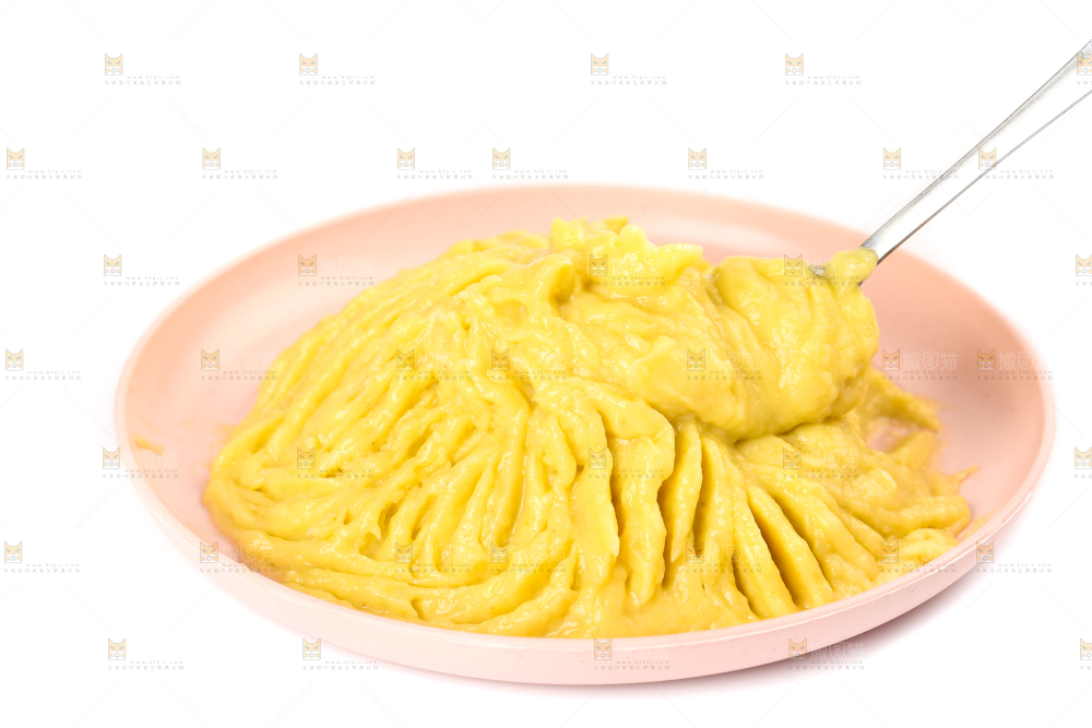 白底上放着一盘榴莲果泥