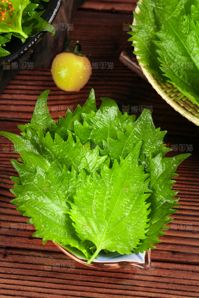 一盘紫苏叶放在木底上