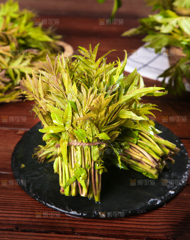 黑石板放着新鲜红香椿