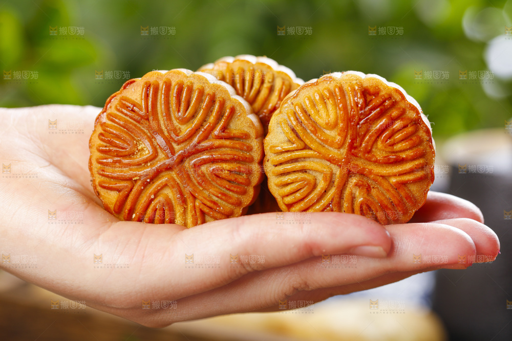 手里拿着莲蓉月饼