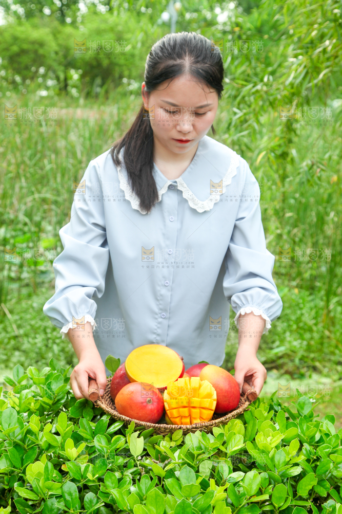 女孩手里端着一篮爱文芒
