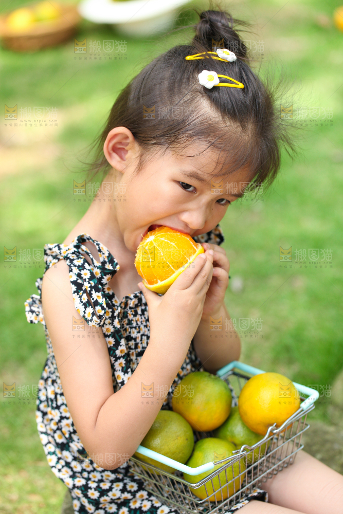 小女孩正在吃夏橙