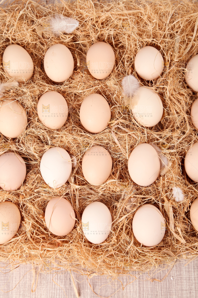 草堆上摆放着生鸡蛋