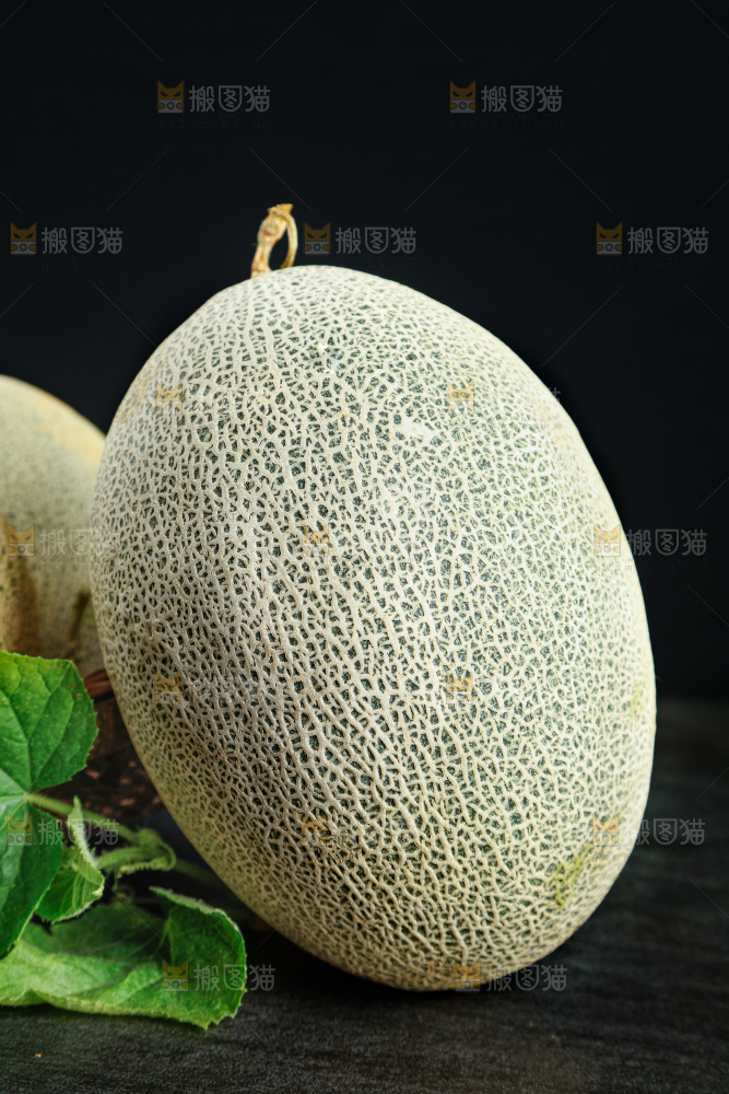 黑底上摆放着网纹瓜
