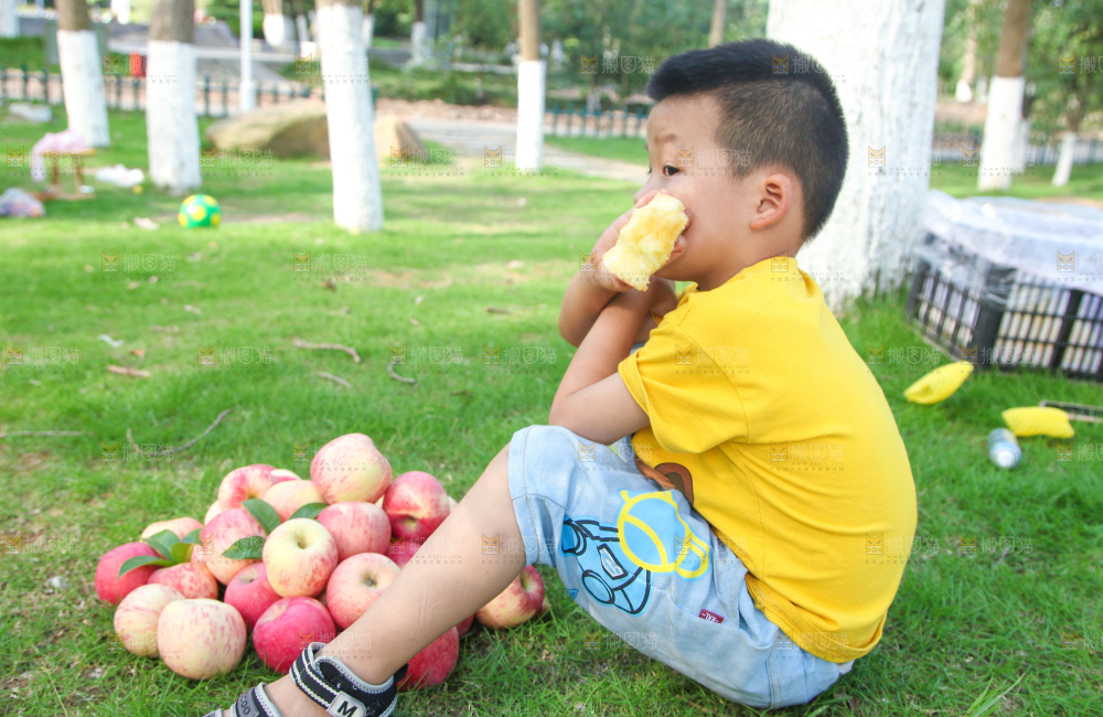 小男孩正在吃苹果