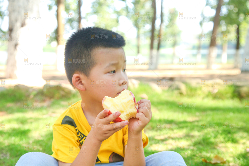 小男孩正在吃苹果