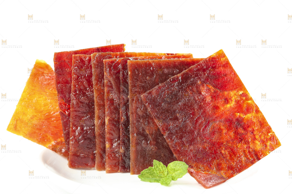 白底上摆放着猪肉脯干