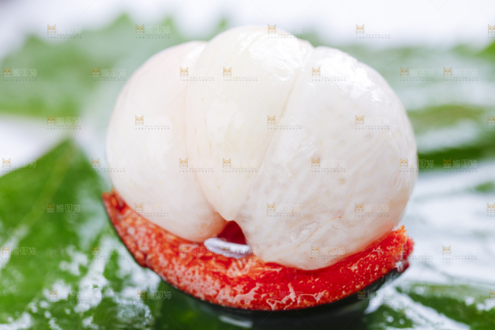 绿叶放着山竹的果肉