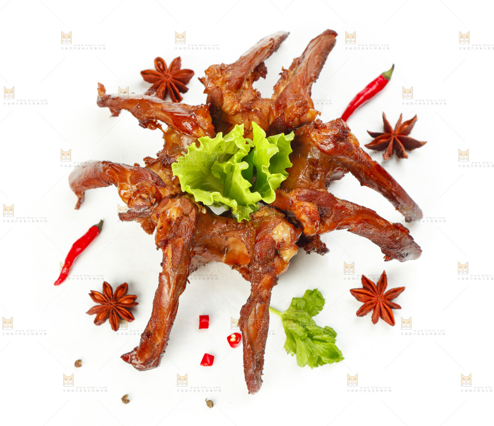 白底上摆放着麻辣鸭架