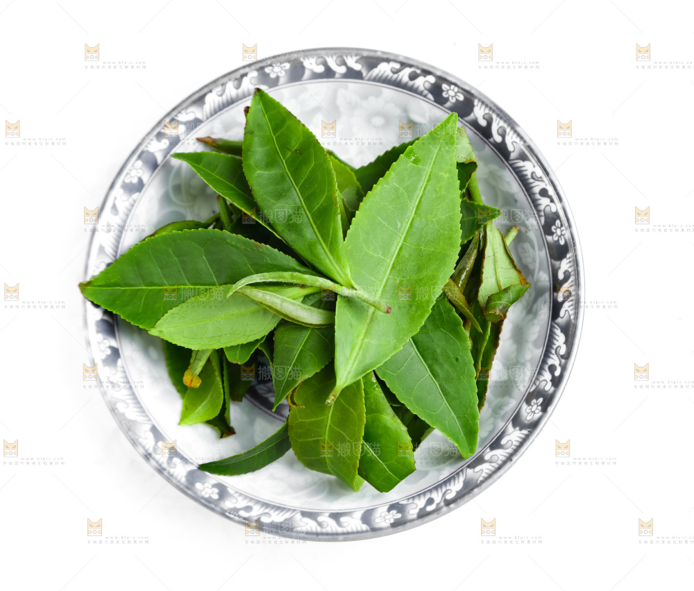 白底上放着绿茶叶