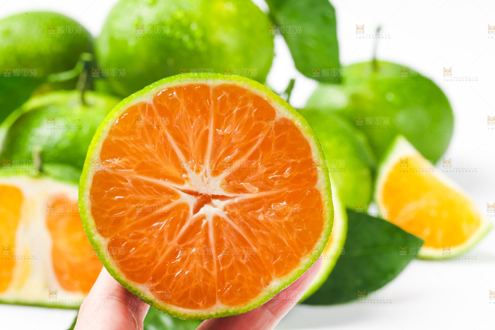 白底上摆放着青皮蜜橘