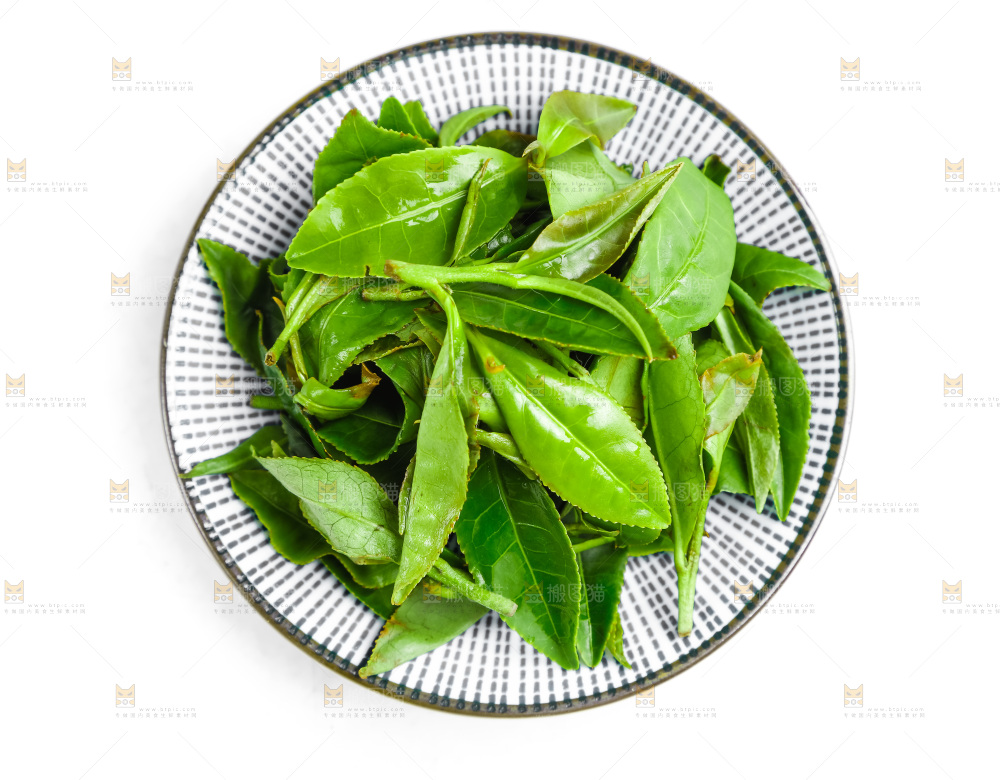 白底上放着绿茶叶
