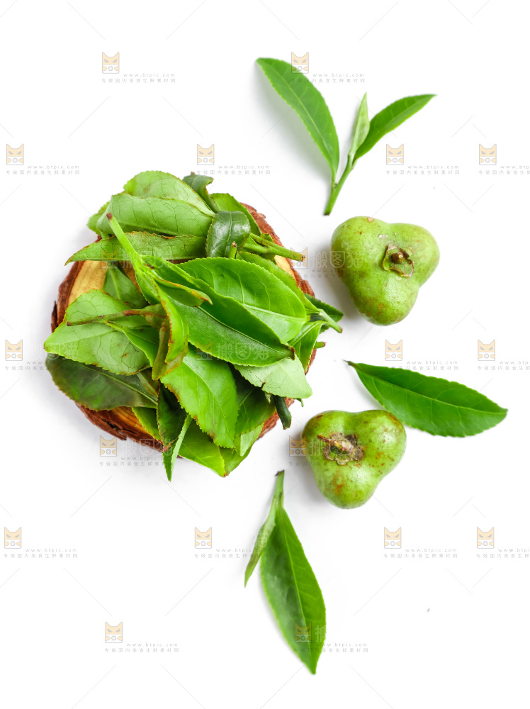 白底上放着绿茶叶