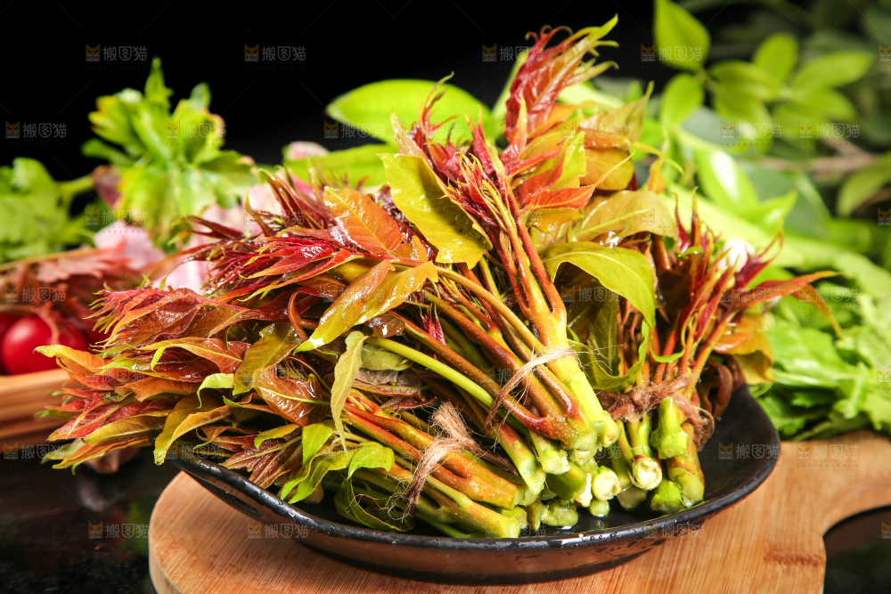 碟子里放着一把香椿苗芽