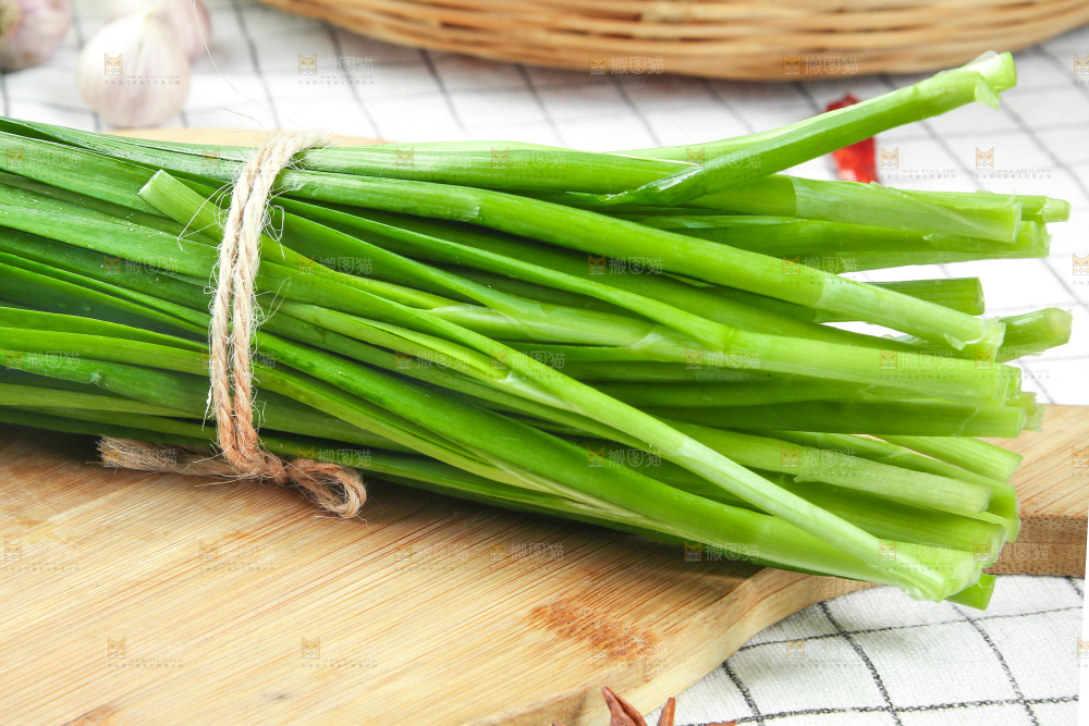 格子底上的鲜嫩韭菜