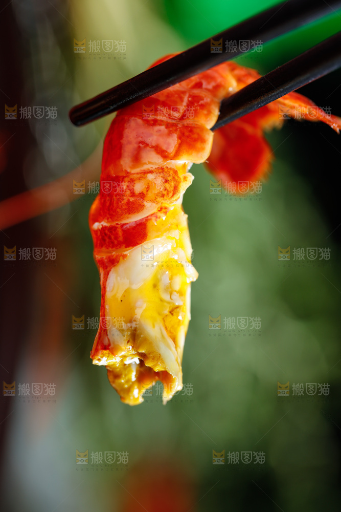 筷子夹着龙虾尾