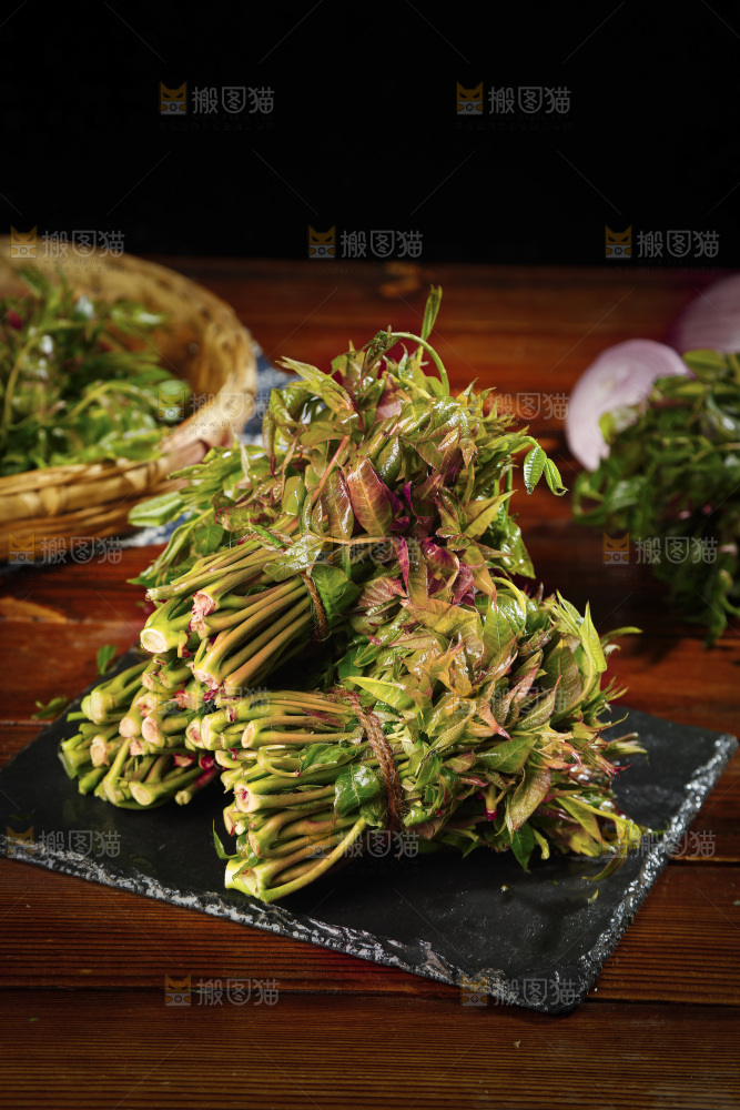 黑石底上摆放着香椿芽