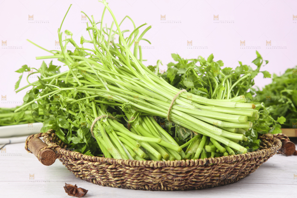 白底上放着一篮新鲜水芹菜