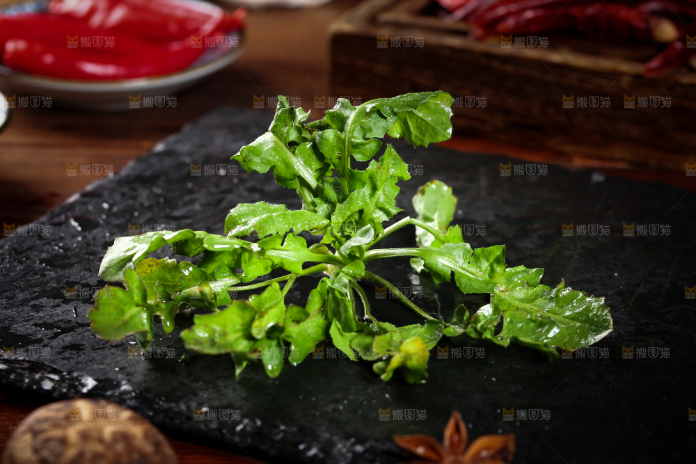黑石板上放着野生荠菜
