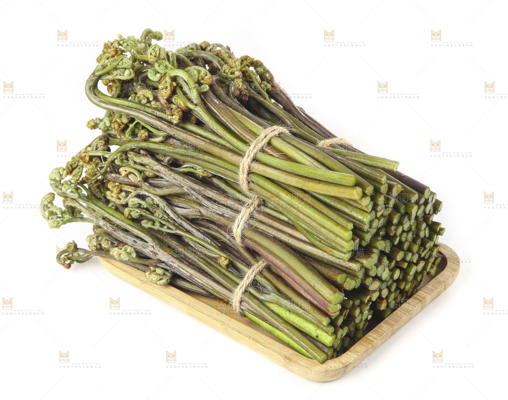 一盘蕨菜摆放在白底上