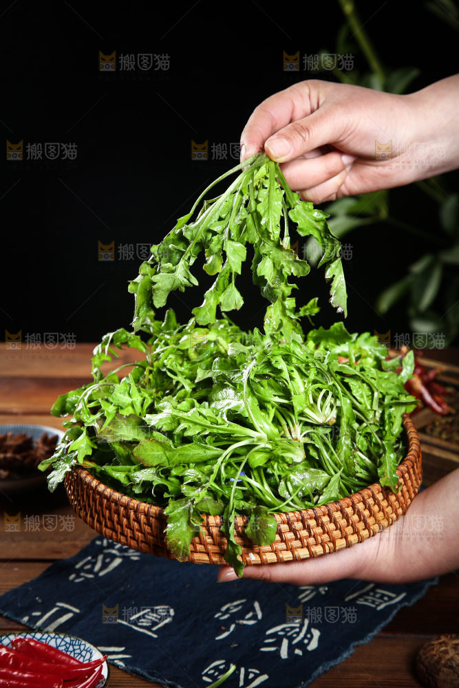 手里端着一篮新鲜地菜