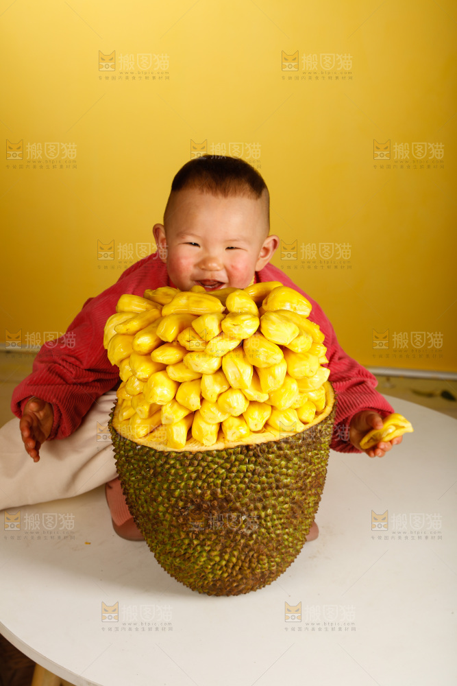 孩子吃着黄肉菠萝蜜