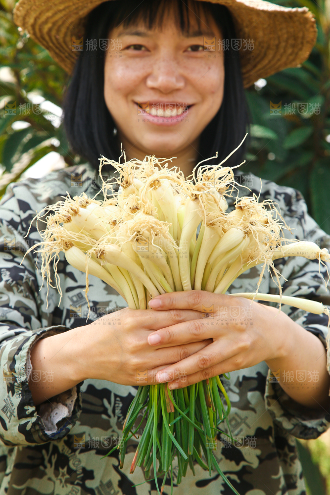 手里拿着四川带叶藠头