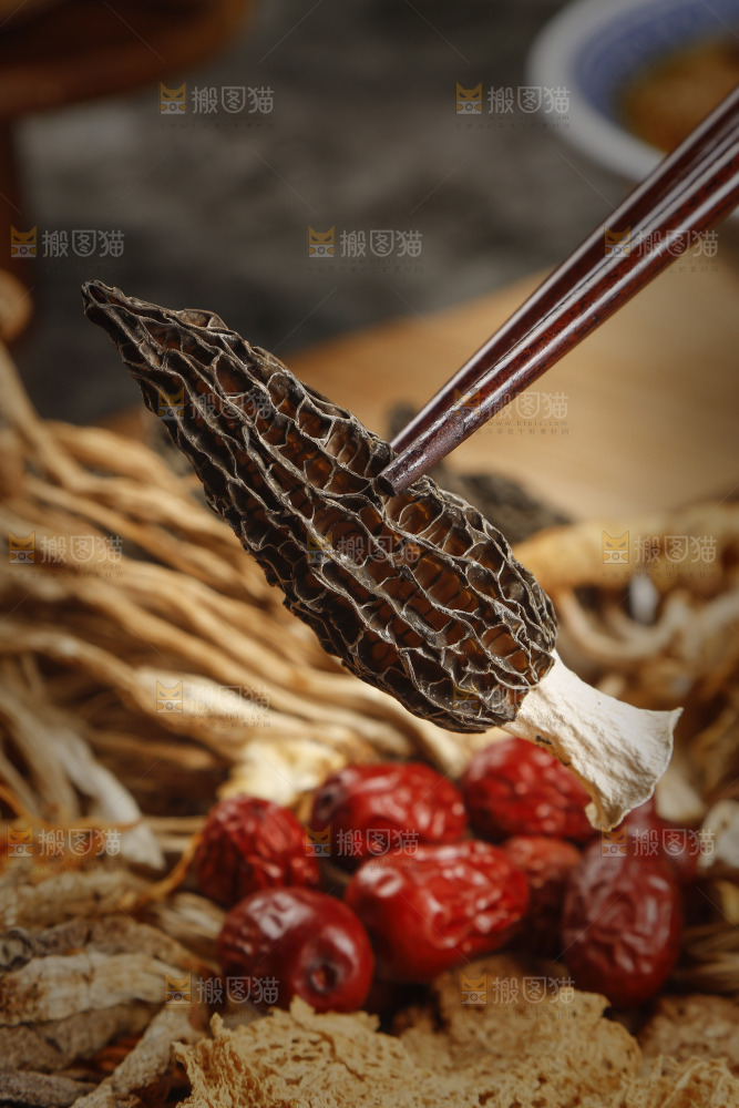筷子上夹着羊肚菌
