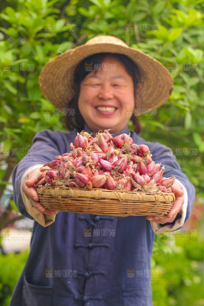 手里端着一篮香葱头