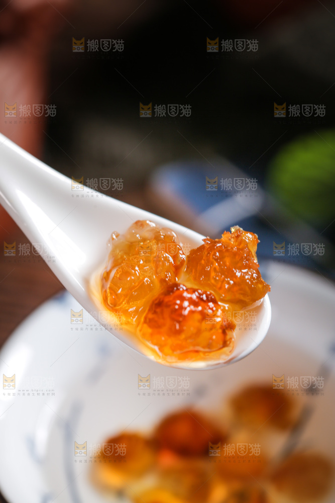 勺子上舀着泡发过的桃树胶