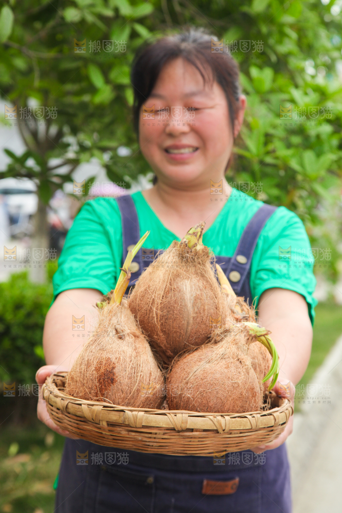女人手里端着一篮海南椰宝