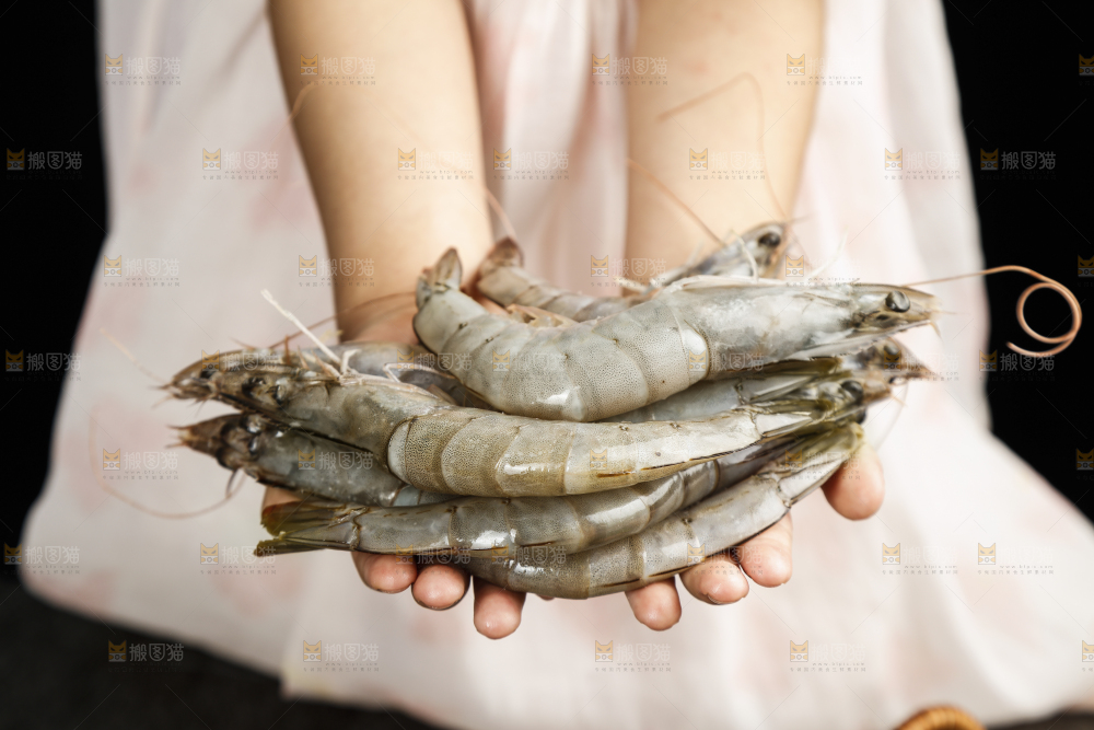 手上放着新鲜对虾