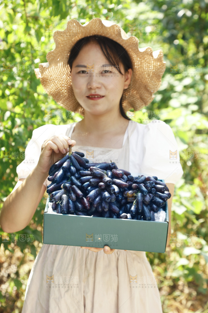女孩拿着一盒蓝宝石葡萄