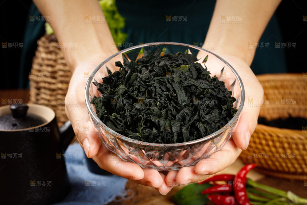 手里端着一碗无梗裙带菜