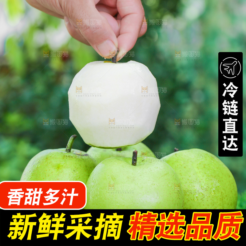 草地上手拿削皮的青皮皇冠梨